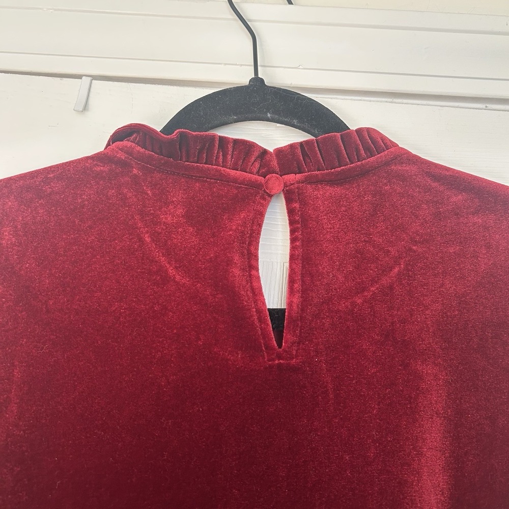 Boden Velvet Frill Trim Long Sleeve Top Red Women's US Size 10 Mockneck - Picture 5 of 6
